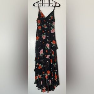 LuLus Black Polka Dot Ruffle Red Floral Maxi Dress